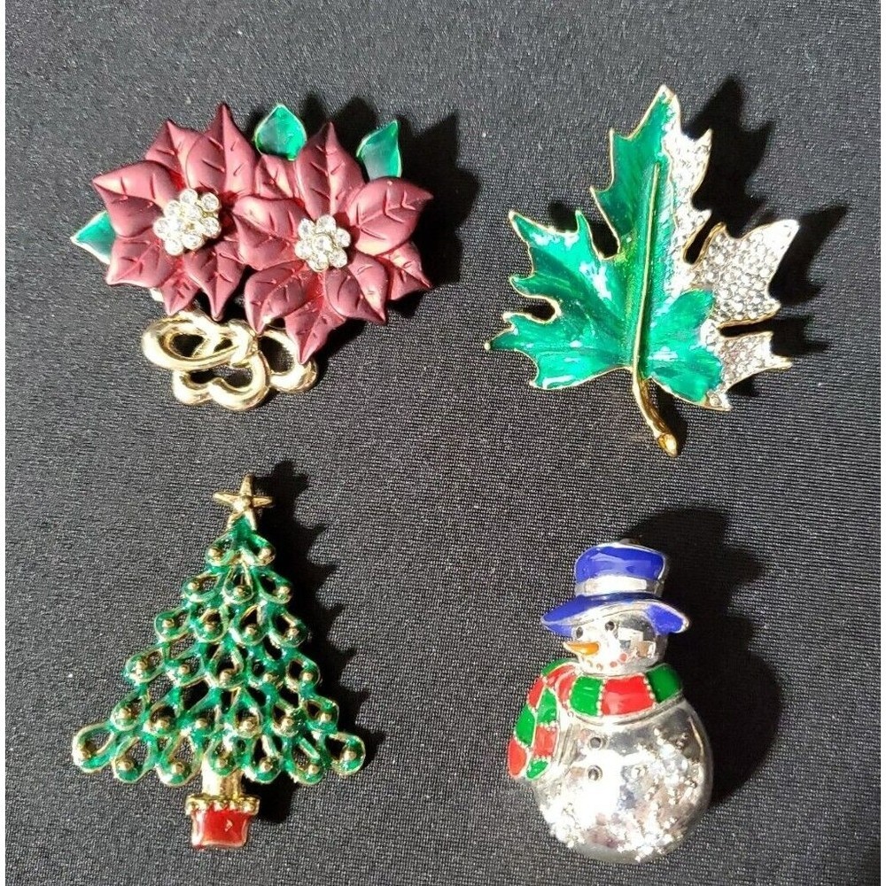 𝅺Vintage Lot of 4 Christmas Tree Poinsettia Leaf Snowman Pins Brooches Metal
